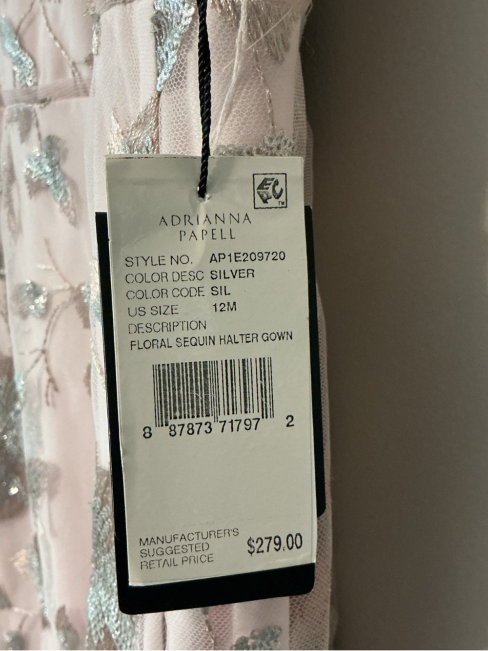 Adrianna Papell Pink W/ Silver Floral Sequin Halter Gown - Picture 10 of 11